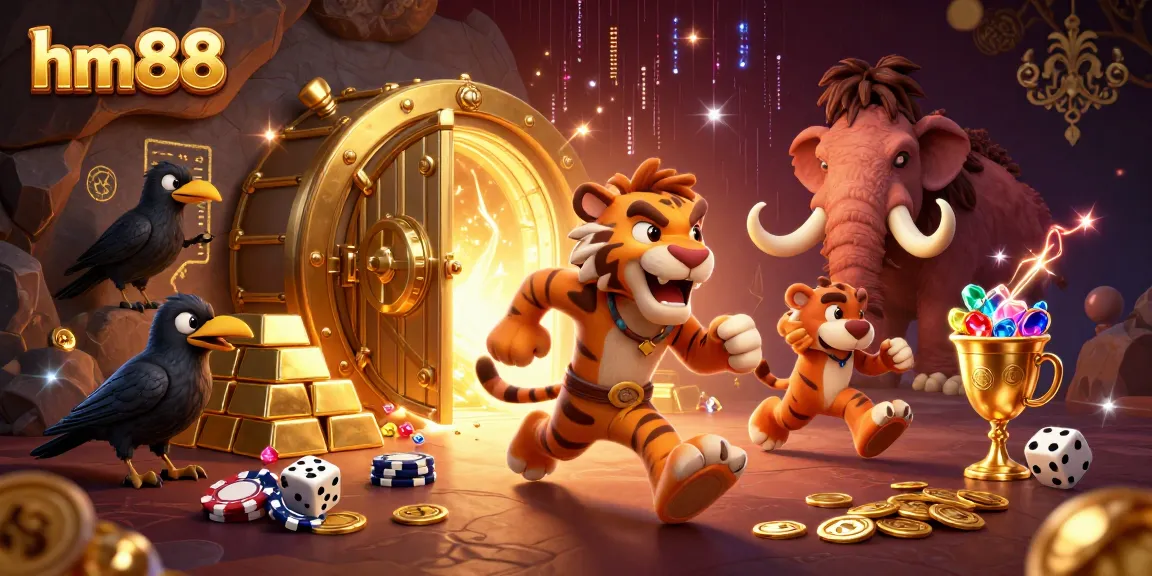 hm88 casino featuring a caveman and sabertooth duo with golden chips and dice in a vibrant 3D scene.