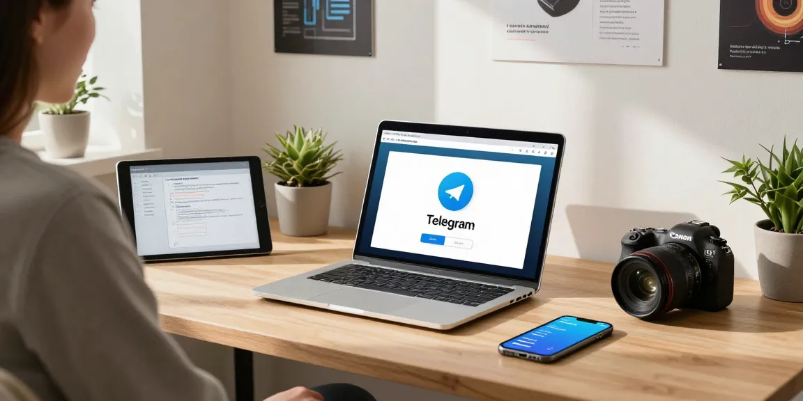 Utilizing the Telegram Web Version on a laptop in a cozy home office setting.