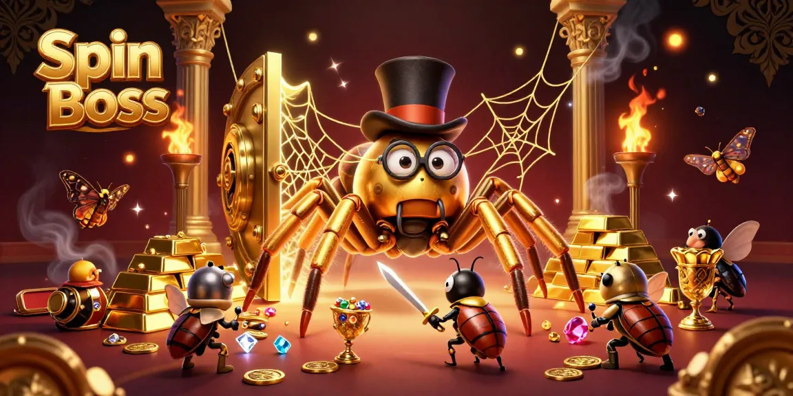 Engage with the thrilling Spin Boss casino experience featuring a grand scene of characters among gold treasures.
