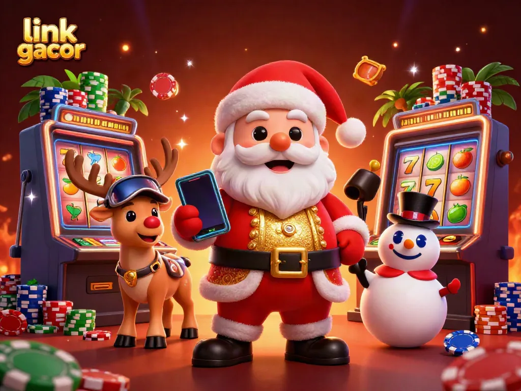 Explore exciting jackpots with link gacor in this festive casino scene featuring Santa and friends.