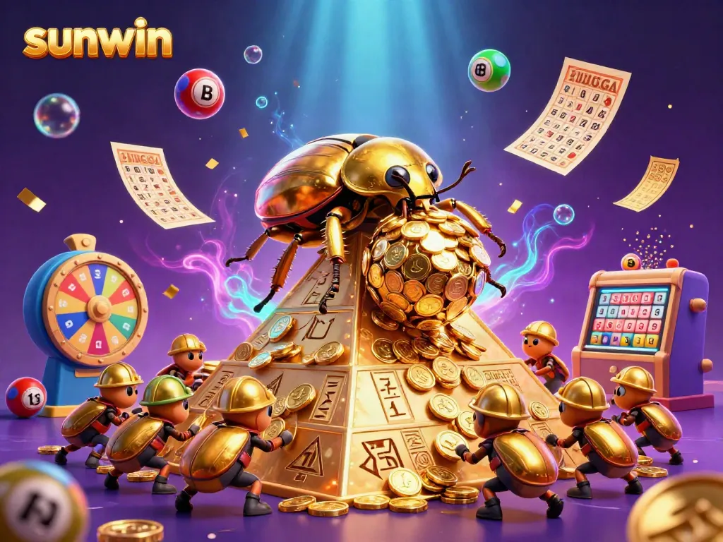 Experience thrilling gameplay with sunwin as cartoon beetles roll golden coins in a casino-themed pyramid.