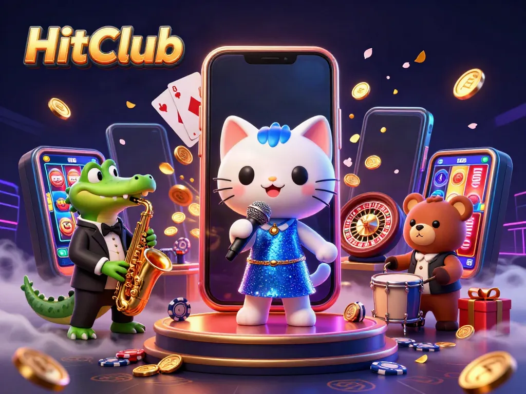 HitClub jazz-singer cat, sax-playing crocodile, and drum cub in a vibrant casino scene.