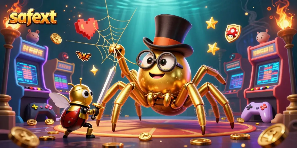 Experience safetxt with a golden tarantula weaving a web in an exciting casino scene.
