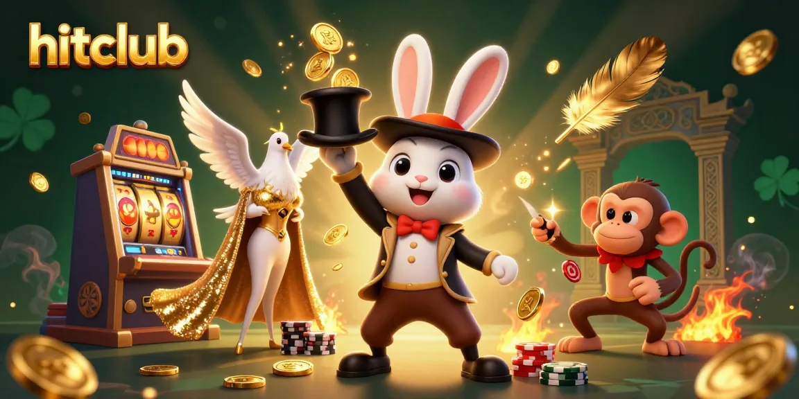 Hitclub features a magical scene with cartoon characters engaging in casino activities amidst dazzling effects and vibrant visuals.