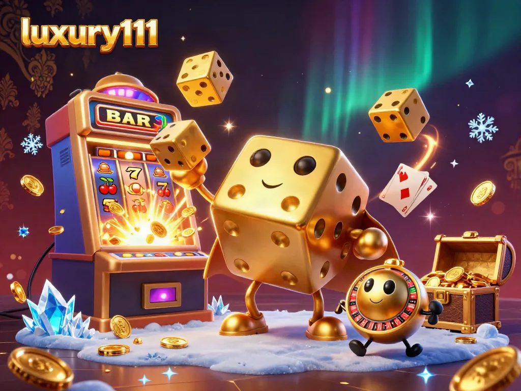 Spin and win big with luxury111 at the vibrant online casino, featuring 3D golden dice and slot machines.