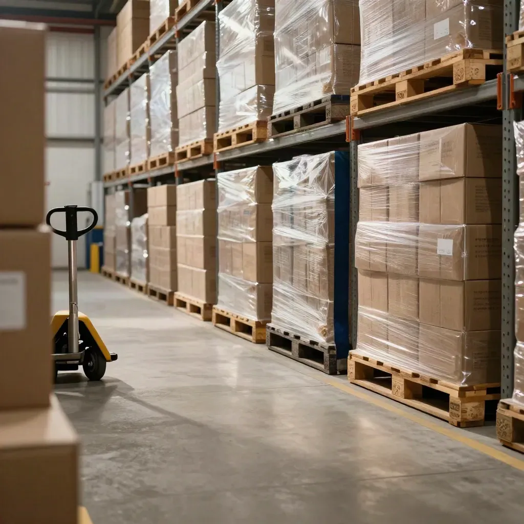 Lege goederenontvangst met pallets, dozen en een handtruck in warm licht.