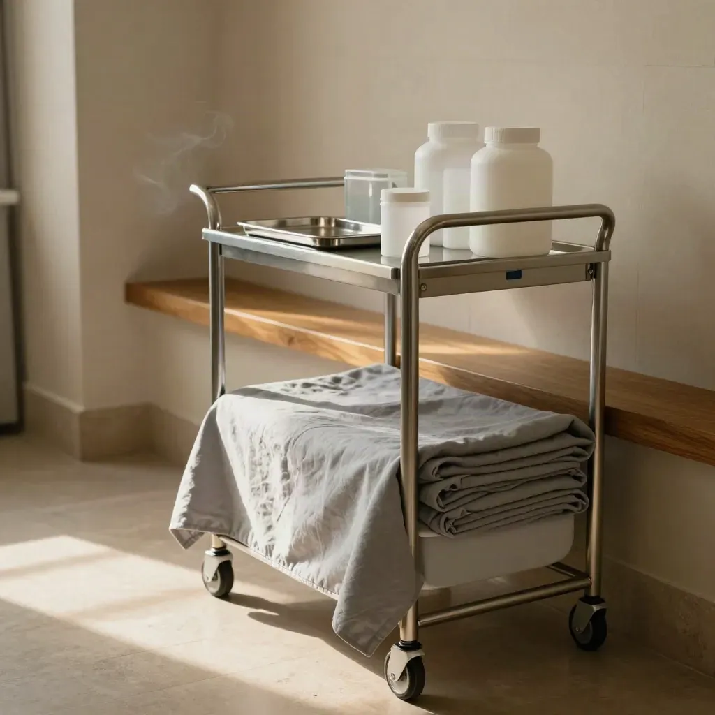 Rustige medicatiekar met gevouwen linnengoed en nette overdracht in warm ziekenhuislicht.