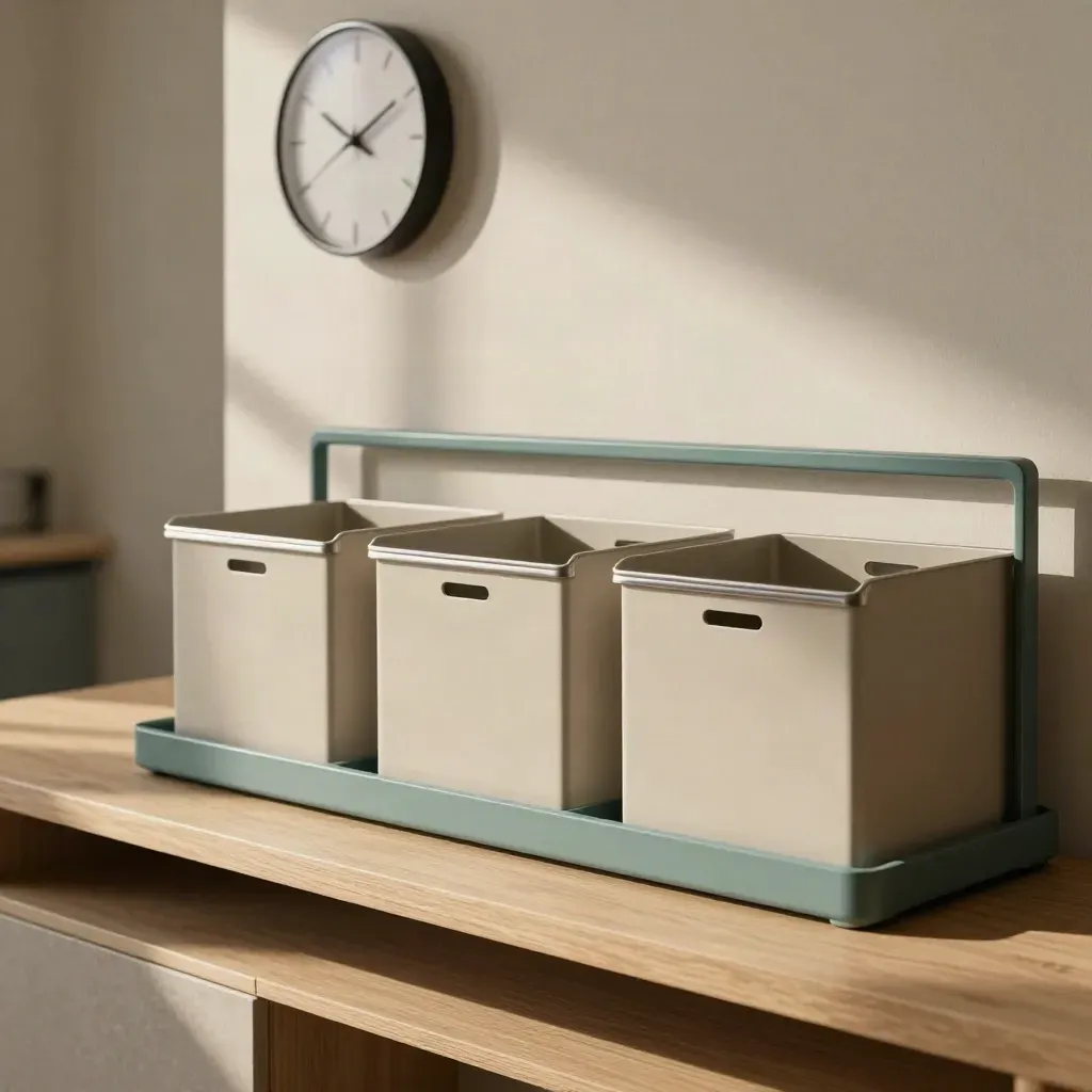 Orde op een projecthoek met trays en een rustige klok in een moderne kantoorruimte.