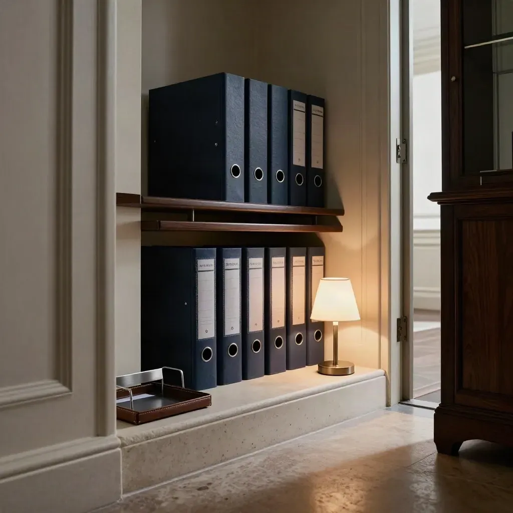 Stille directiesuite met gesloten ordners, lamplicht en open deur naar heldere gang