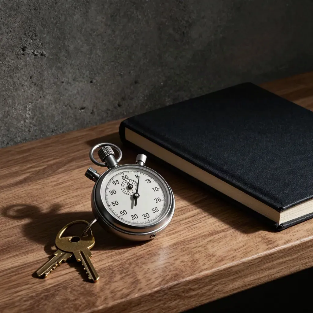 Stopwatch, sleutelhanger en zwart notitieboek op een donkere houten plank in dramatisch licht.