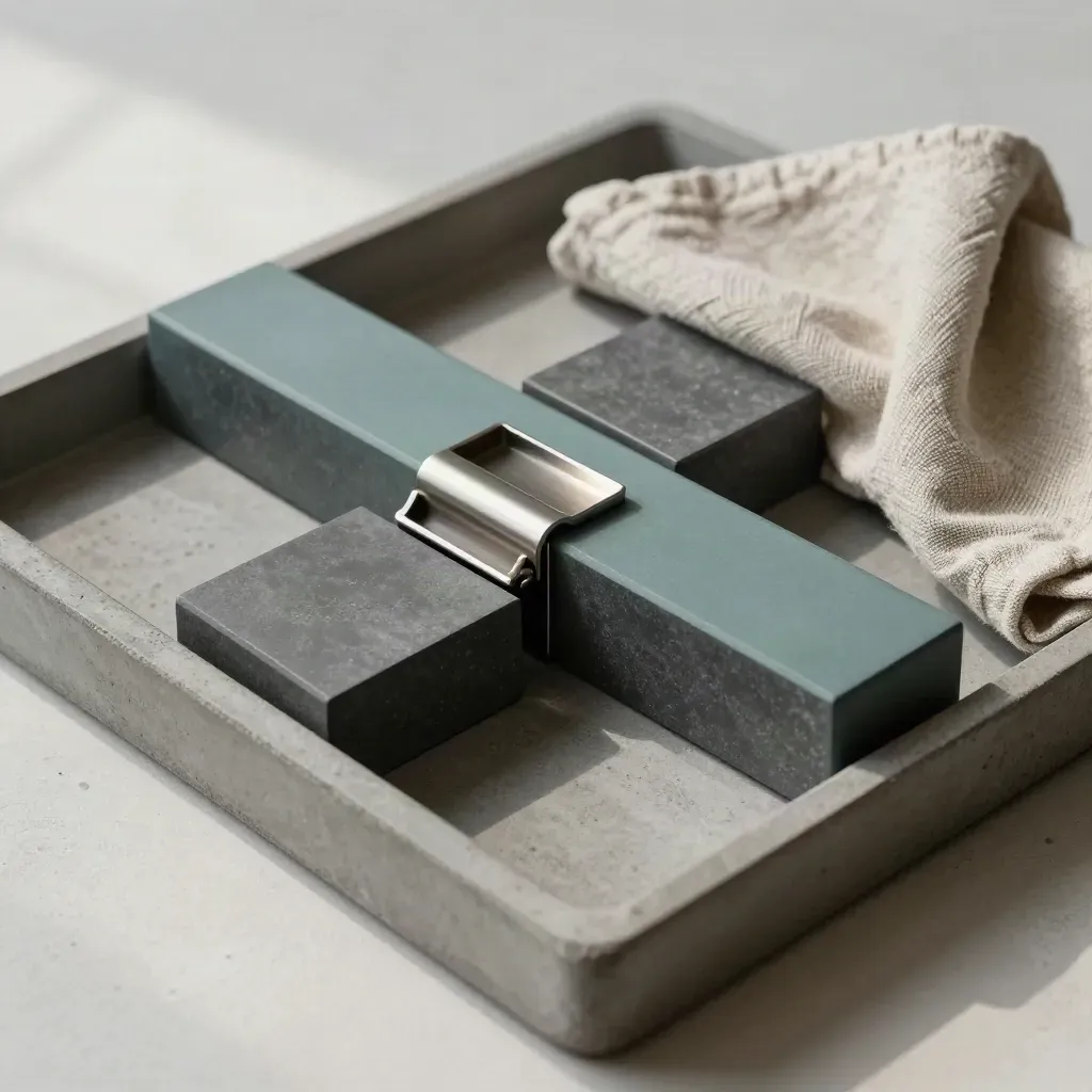 Matte blokken, open klem en teal brugstrip op een betonnen tray, met linnen doek.
