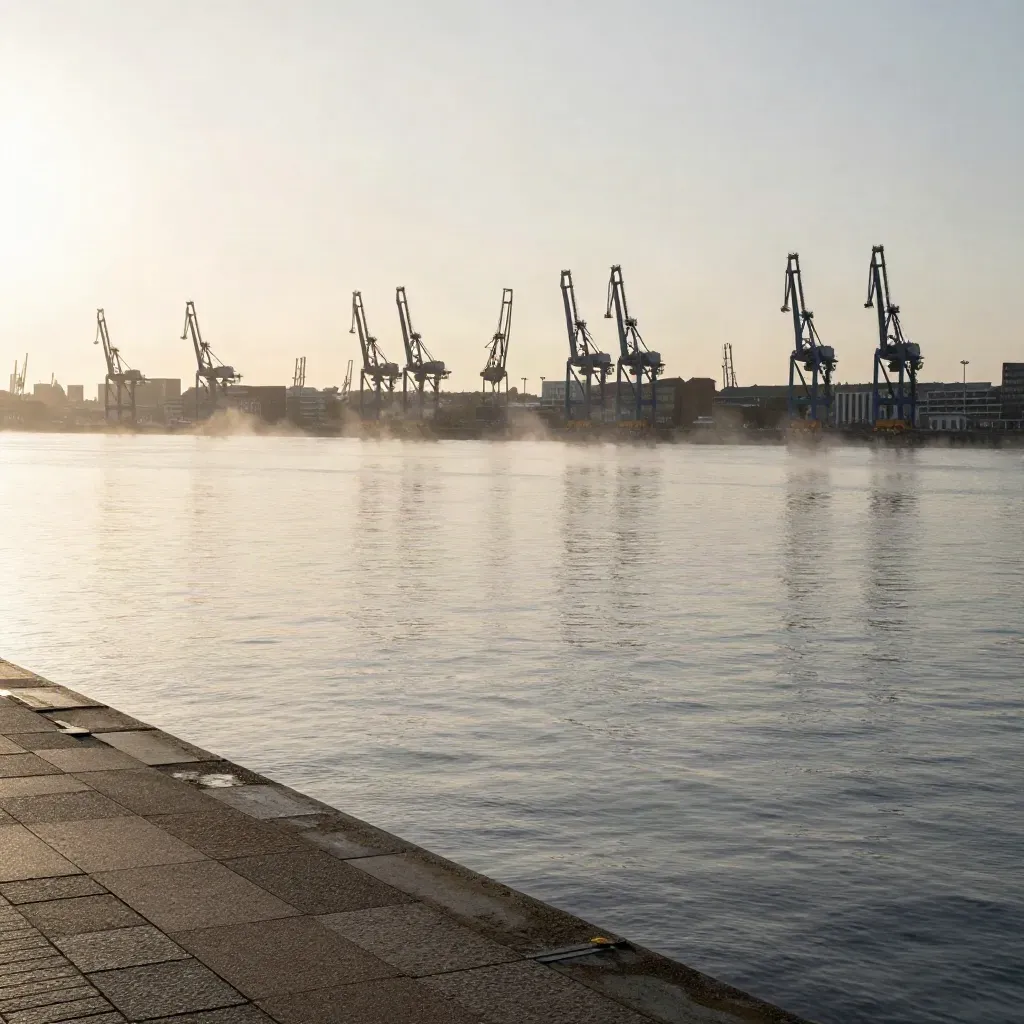 Mistige IJ-waterkant met kranen, skyline en rustig water in warm ochtendlicht.