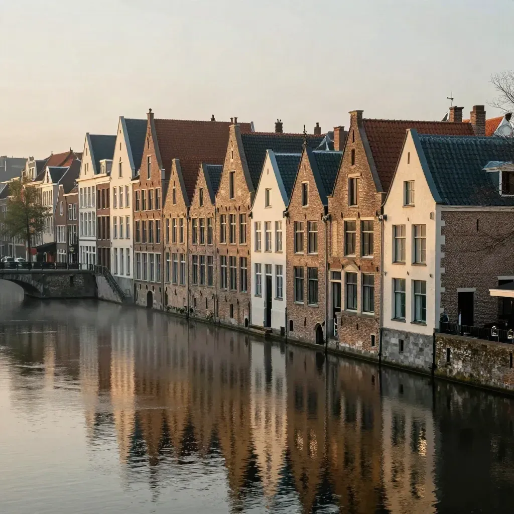 Leidse grachten en historische daken in zachte avondmist