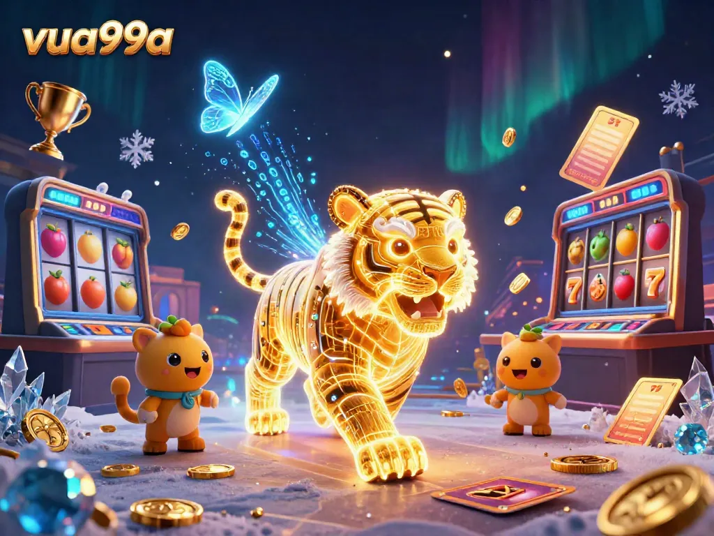 Unleash your luck at VUA99A with a golden tiger navigating a vibrant casino landscape filled with jackpots.