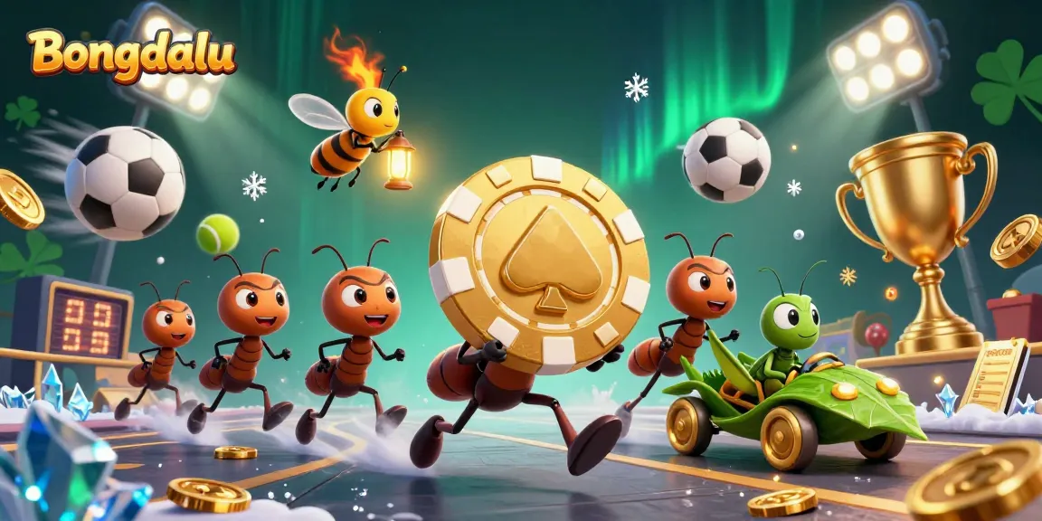 Bongdalu showcases a whimsical scene with ants in a heist, featuring sports betting elements like glowing scoreboard and trophy.