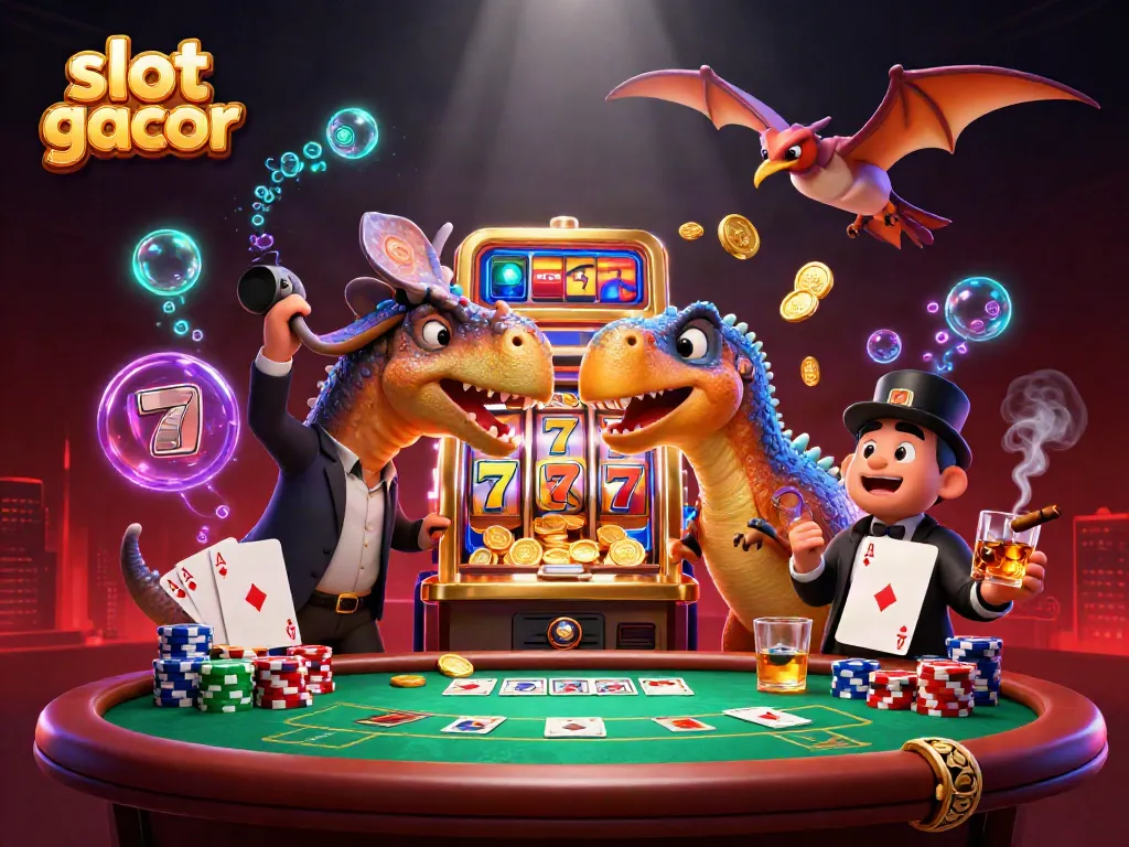 Engaging scene of slot gacor action, featuring a pachycephalosaurus and jackpot coins