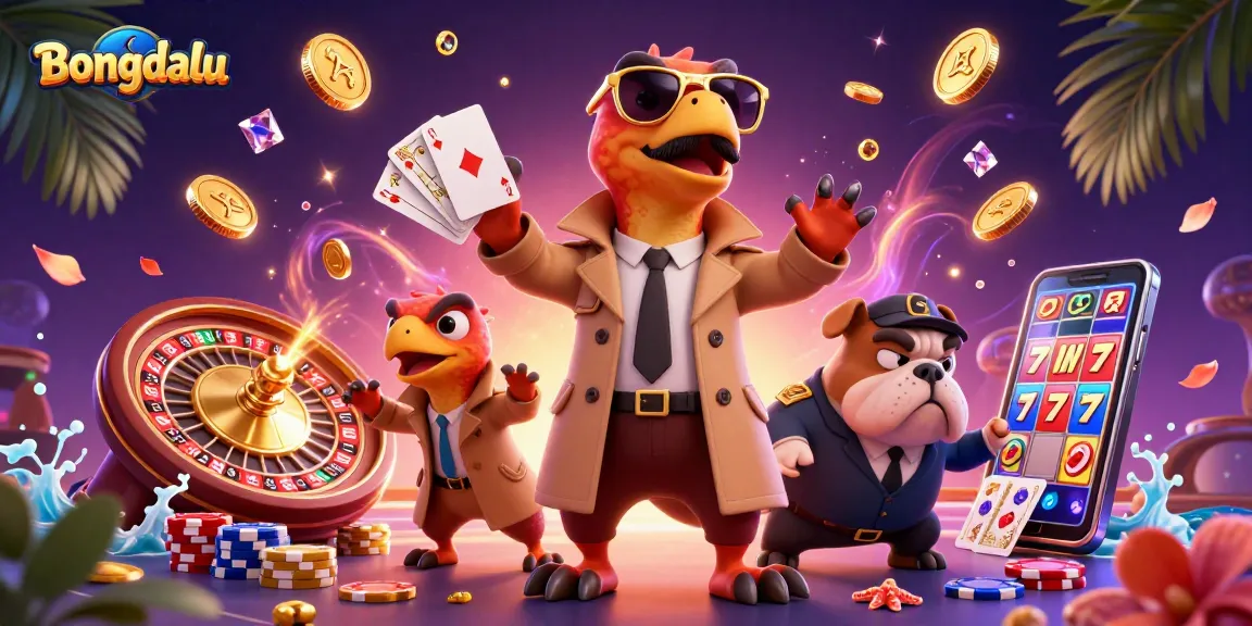 Bongdalu features a humorous casino scene with raptors and a bulldog, highlighting vibrant gambling elements.