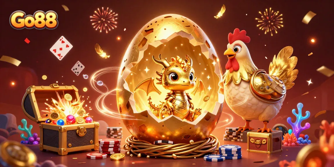 Engaging Go88 scene with a golden baby dragon, poker chips, and playing cards swirling around