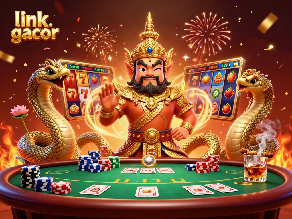 Experience wins at link gacor with vibrant slot reels and guardians in a celebratory casino scene.