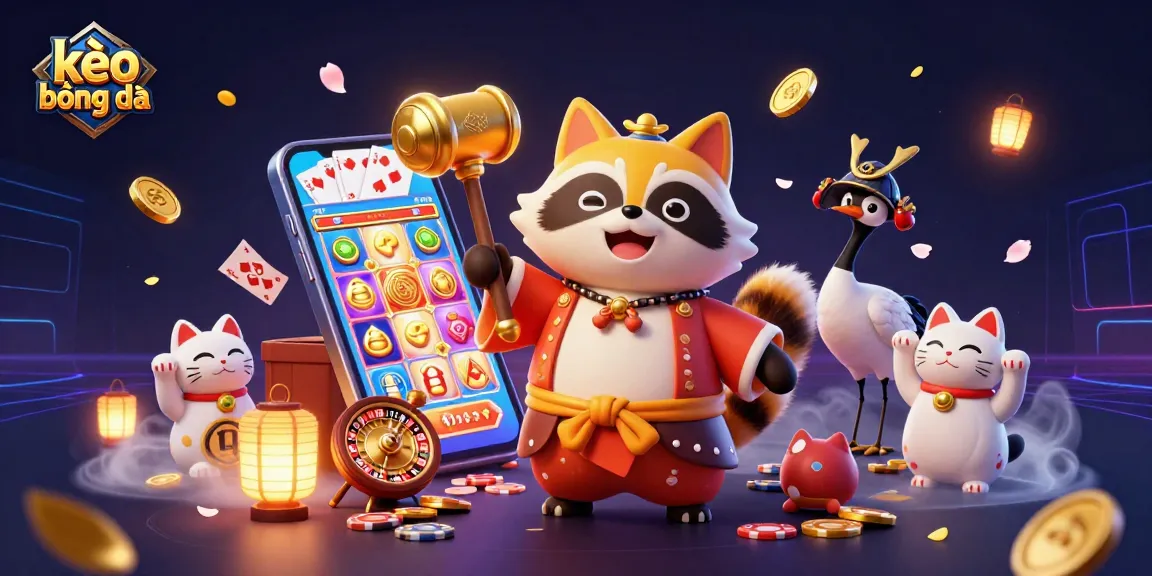 Engage with kèo bóng đá through a festive 3D scene of cheerful tanuki and gaming elements.