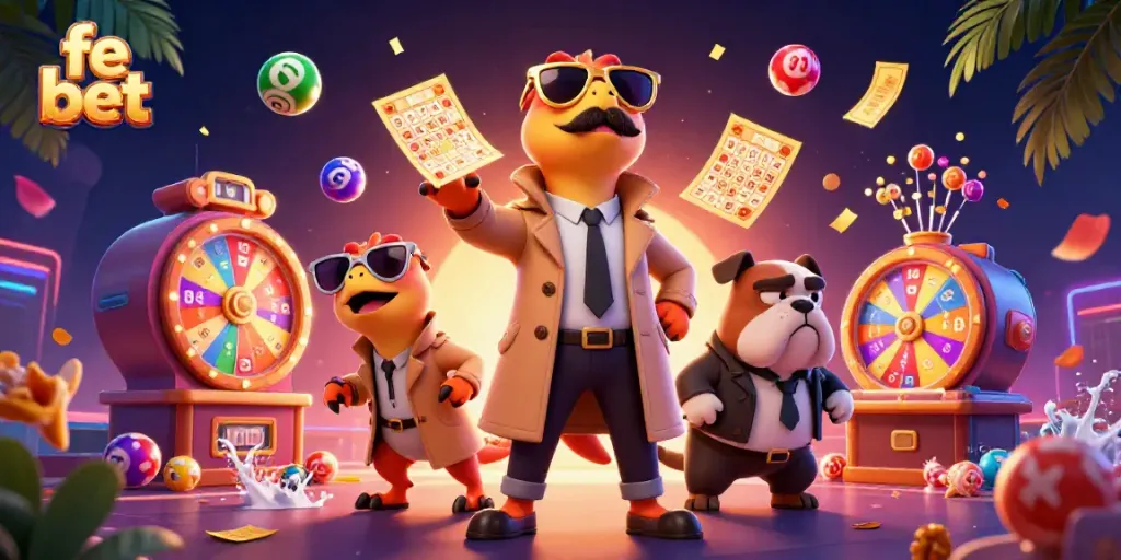 Experience the thrilling blend of fun and chance at fe bet's vibrant casino with animated lottery scenes.