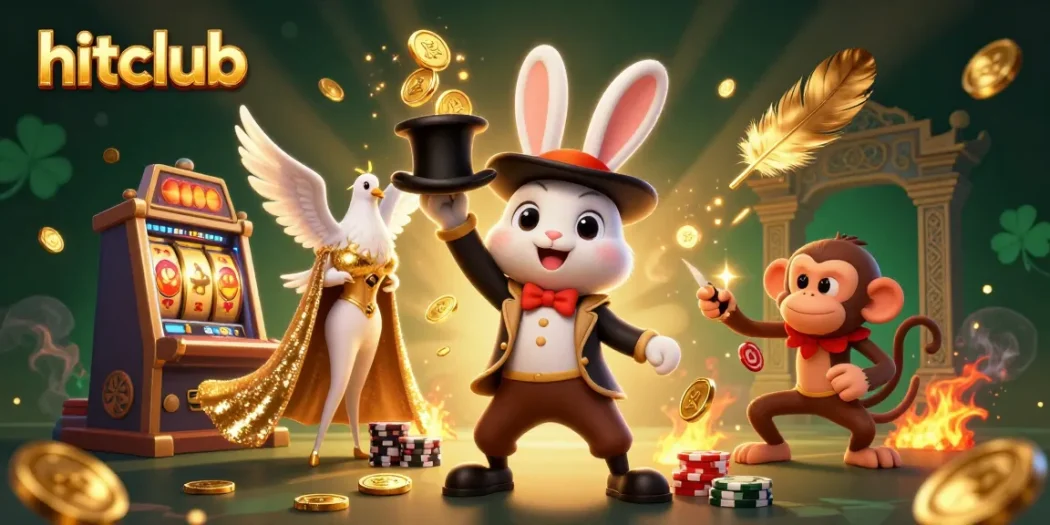 Hitclub features a magical scene with cartoon characters engaging in casino activities amidst dazzling effects and vibrant visuals.