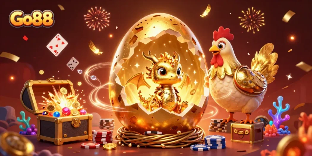Engaging Go88 scene with a golden baby dragon, poker chips, and playing cards swirling around