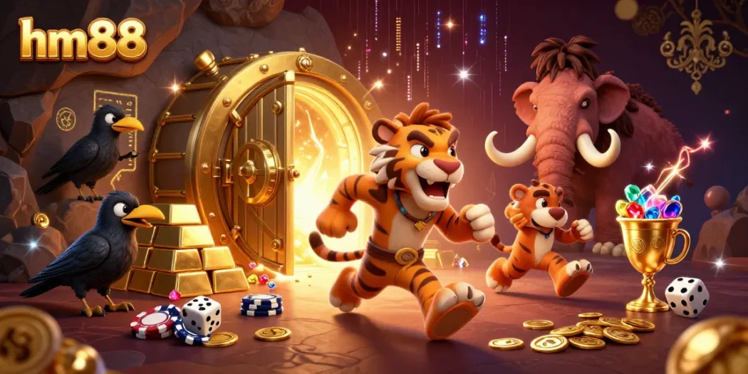 hm88 casino featuring a caveman and sabertooth duo with golden chips and dice in a vibrant 3D scene.