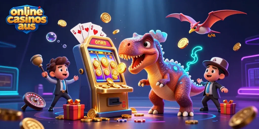 Engage with online casinos aus as a pachycephalosaurus headbutts a golden slot machine in an exciting scene.