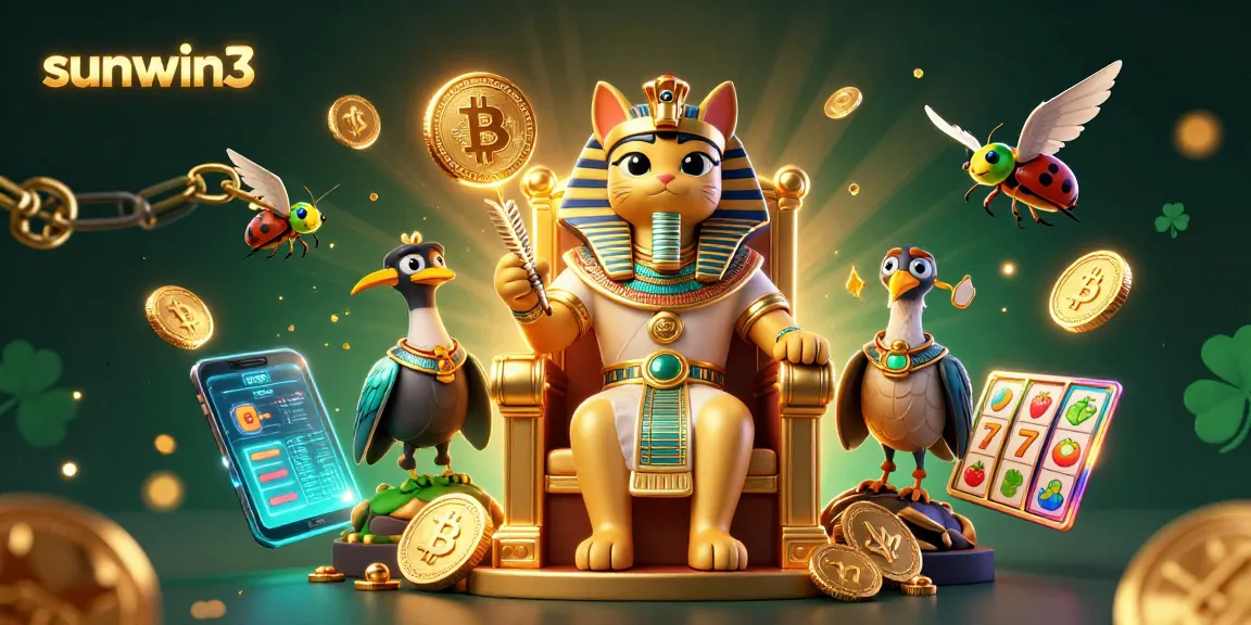 Engage with thrilling games at sunwin3, featuring an Egyptian pharaoh cat in a luxurious casino setting.