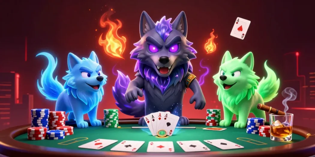 Experience thrilling poker action at winnerisland with spectral wolves and colorful poker chips.